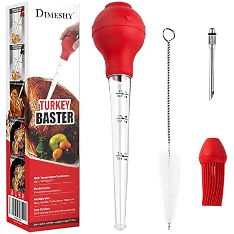DIMESHY Turkey Baster Food Grade for Cooking & Basting, Detachable Round Bulb, Baster Cooking Good for Meat Poultry Beef Chicken, with Cleaning brush, inject needle, Basting brush(red) Cover