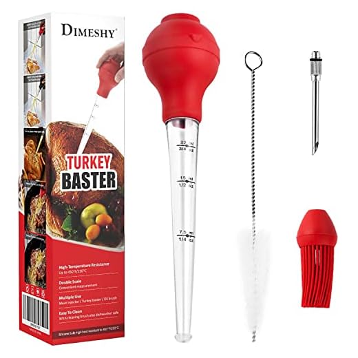 DIMESHY Turkey Baster Food Grade for Cooking & Basting, Detachable Round Bulb, Baster Cooking Good for Meat Poultry Beef Chicken, with Cleaning brush, inject needle, Basting brush(red)