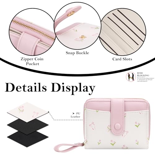 Image of BIAOTIE Wallet for Women Cute Floral Flower Wallet RFID Credit Card Holder Purse Small Bifold Zipper Coin Pocket Purse with ID Windows (T- Pink)
