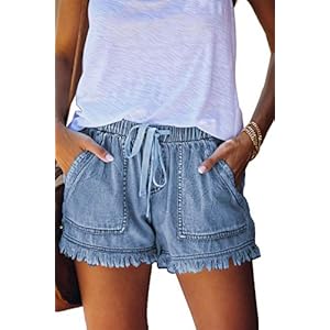 HVEPUO Damen Baumwolle Leinen Shorts Gummiband Hotpants Sommer Weite Kurze Hosen