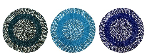 Image of Cotton Round Doormat for Entrance|Handmade Cotton Doormat | Quick Dry, Washable Door Mat for Home, Bathroom & Bedroom - 16 Inch Small (Green-Sky-Blue-3)
