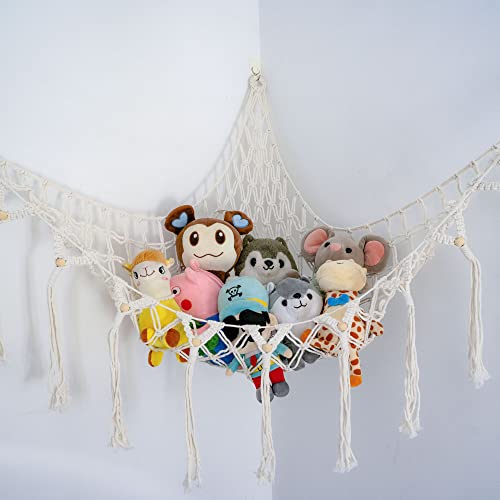 Image of RUSTCHG BTHCHP Stuffed Animal Hammock, Toy Hammock Stuffed Animal Net with Tassels Macrame, Corner Plush Toys Net Holder Hanging Net Storage Organizer for Boho Nursery, Play Room, Kids Bedroom
