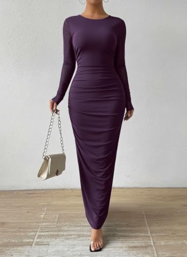 Image of LIGHT DOT Women's Printed Bodycon Maxi Dress Long Sleeve Tie Dye Mesh Ruched Cocktail Dress