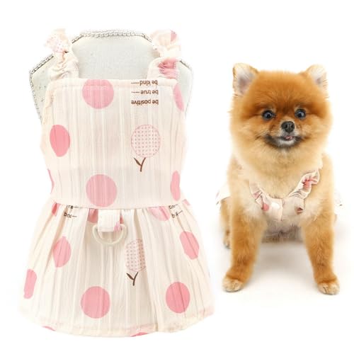 SMALLLEE_LUCKY_STORE Polka Dot Dog Strap Dress for Small Dog, Pet Harness Skirt with Ruffle Cuffs and D-Ring, Spring Summer Clothes Lightweight Puppy Chihuahua Yorkie Cat Vest, Pink, L