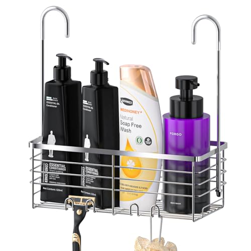SHANSHUI Shower Hanging Caddy, Bathroom Shower Organizer Basket, Shampoo Bracket, Over Door Showers Rack with Hooks, 304 Stainless Steel Rustproof