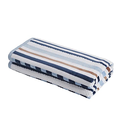 Superior Cotton Stitch Stripe Textured (Set Of 2) Beach Towel - Morning Blue #TOP19