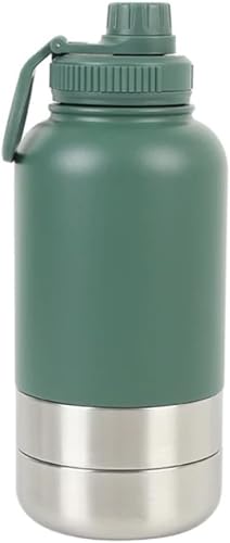PawThermo 3-in-1 Insulated Pet Travel Flask – 950ml 304 Stainless Steel Dog Water Bottle with Food & Bowl Compartments – Keeps Water Cold 24h / Warm 12h (Dark Green)