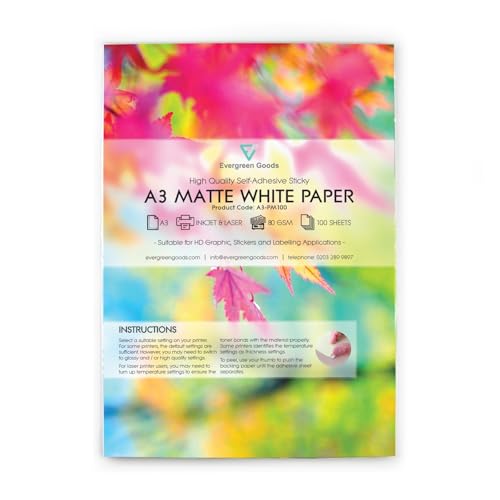 Evergreen Goods A3 100 Sheets 420 x 297mm White Self-Adhesive Matte Sticker Paper for Inkjet & Laser Printers, Sticky Back Printable Paper, Ideal for Custom Labels, Signs, and Crafts (100 Sheets)