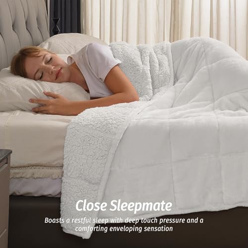 Wemore Sherpa Fleece Weighted Blanket for Adult, 15 lbs Dual Sided Cozy Fluffy Heavy Blanket, Ultra Fuzzy Throw Blanket with Soft Plush Flannel Top, 60 x 80 inches Queen Size White on Both Sides