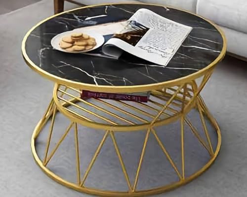 Image of CROWN ART SHOPPEE The Circular Metal Side Table with Marble Shade top is a Chic and Useful Piece of Furniture. (Black Gold)
