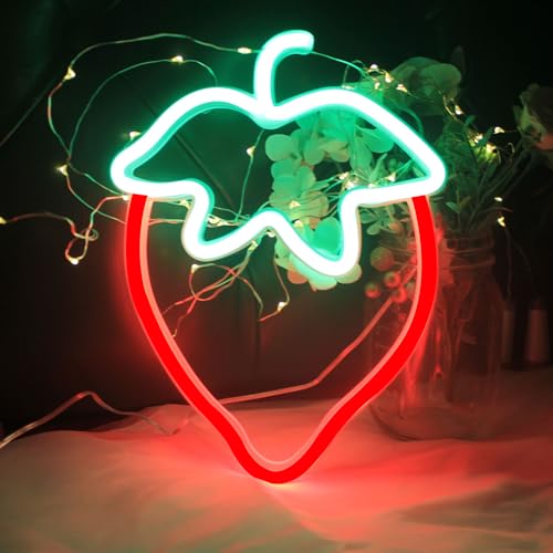Image of Strawberry Neon Sign Red Green Strawberry Neon Lights for Cute Fruits USB Battery LED Sign for Room Restaurant Bar Fruit Shop Green Grocery Wall Decor