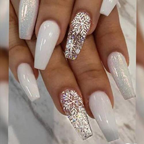 Press on Nails White Snowflake Almond Fake Nails Christmas False Nails Full Cover Acrylic Nails for Women and Teen Girls (style 2)