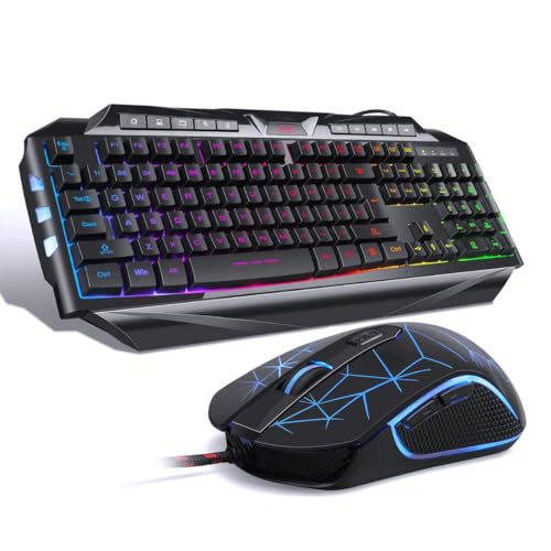 Wired Gaming Keyboard and Mouse Combo with 7-Colour Backlight, True RGB LED Backlight, Mechanical Feel Ergonomic Anti-Ghosting Keyboard - White