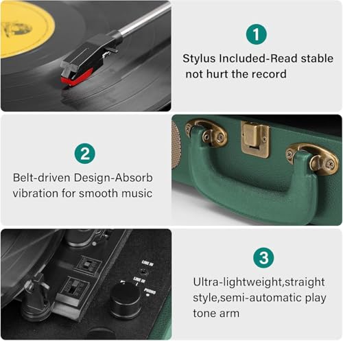 Image of Vinyl Record Player Bluetooth Turntable 3-Speed Suitcase Portable Vintage Belt-Driven Record Player with Speakers RCA Line Out AUX in Headphone Jack