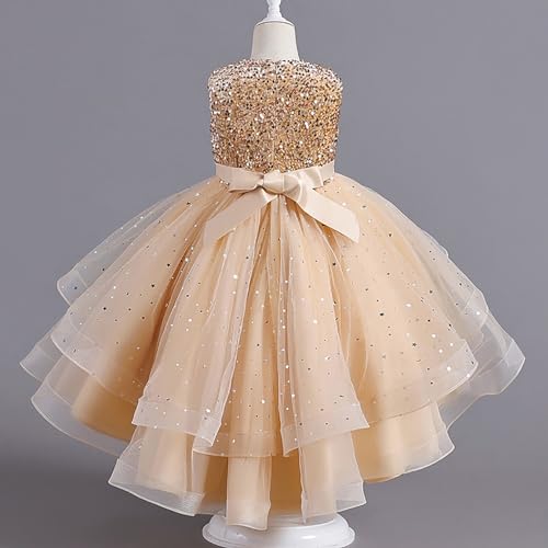 KAGAYD Girls Sequin Dress Kids Girls Wedding Pageant Long Tail Dresses Lace Party Grown with Bow-Knot4