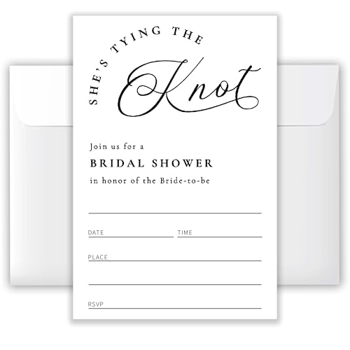 ATOERNCSO 4x6 She's Tying the Knot Minimalist Bridal Shower Invitation Set (20 Cards + 20 Envelopes) – Black & White Script Bridal Shower Invitations for Bride-to-Be.(148)