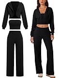 ABOCIW 3 Piece Sets for Women 2025 Fall Fashion Matching Loung Sets Long Sleeve Hooded Cropped Shrug Bandeau Tube Top Built in Bra Wide Leg Sweatpants Sweatsuits Airport Travel Outfits Black X-Small