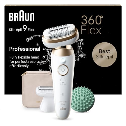 Braun Silk-éPil 9 Flex, Epilierer Mit Flexiblem 360Kopf, Wet&Dry, Langanhaltende Haarentfernung, Mit Rasieraufsatz, Ladyshaver, Trimmeraufsatz Und Massageaufsatz, Made In Germany, 9-071 3D, Weiß/Gold-image