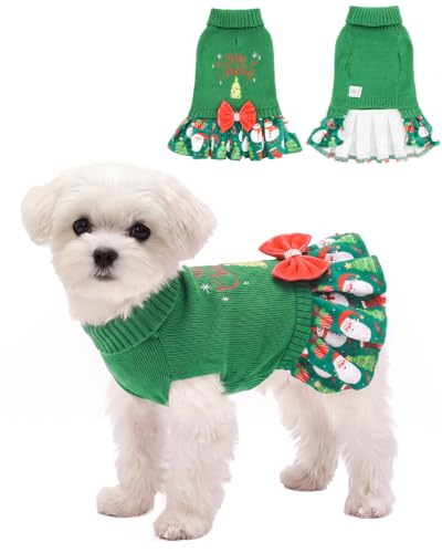 CuteBone Christmas Dog Sweater Dress with Bow for Small Medium Dogs & Cats