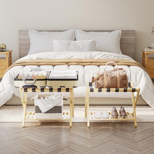 SMIBUY Gepäckträger, faltbarer Kofferständer aus Bambus mit Ablagefächern für Gästezimmer, Schlafzimmer, Hotel, Schwerlast (Naturfarben)