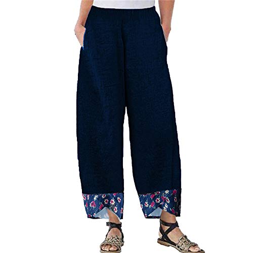 pedkit Calças femininas Estampa Floral Emendado Elástico Na Cintura Bolso Calças Perna Larga Casual