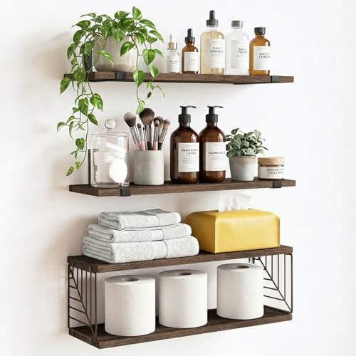 Fixwal Bathroom Floating Shelves Over Toilet, 15.8in Farmhouse Rustic Wood Shelves, Wall Decor for Bathroom, Living Room, Bedroom and Kitchen (3 Plus 1 Tier Dark Brown)