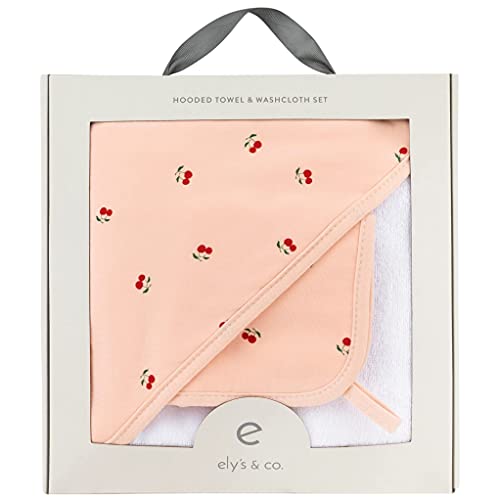 Image of Ely's & Co. Baby Hooded Towel and Wash Cloth Set, Thick Absorbent 100% Cotton Terry, for Newborn Baby Girl, Bath Towel 35 inchx35 inch with Pocketed Wash Cloth 10 inchx10 inch (Red Cherry Collection)