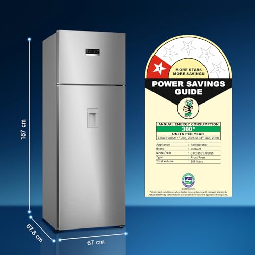 Image of Bosch 368L, 1 Star, Frost Free Double Door Refrigerator with 2.5 L Water Dispenser | 6-in-1 Convertible Storage Modes | Fresh up to 10 Days | Touch Panel | 2 Cooling System (CTC39S21AI, Steel, 2026)