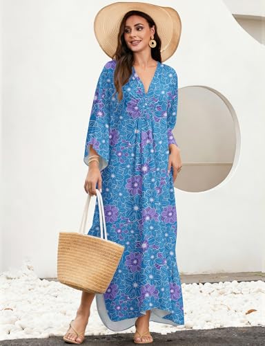 Image of MAKABO Kaftan Dresses for Women, V Neck Moo Moos Colorful Print Cover Ups Caftan Beach Dresses for Swimwear