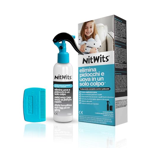 NitWits Spray Anti Pidocchi ad Azione Rapida – Trattamento pidocchi e lendini – Pettine in plastica incluso – Facile da rimuovere – 120ml - 100% efficacie contro Larve e Lendini