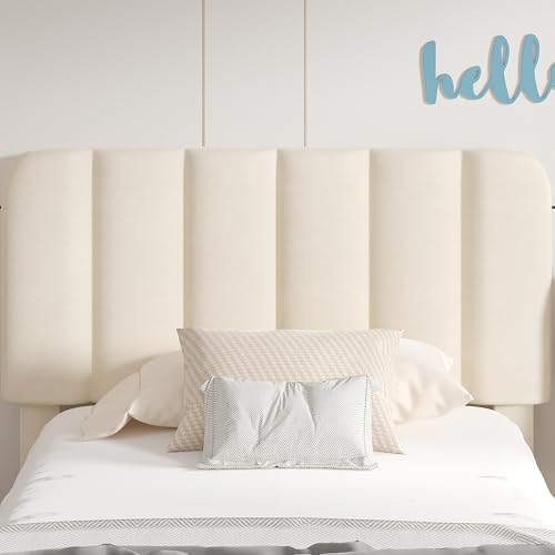 Image of VECELO Twin Size Upholstered Bed Frame with Drawer and Headboard, Velvet Platform Storage Bedframe, Wooden Slats Support, No Box Spring Needed,Bone Beige