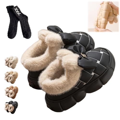 Bow Slippers, Women's Cute Bowknot Design Plush Lined Slipper Boots