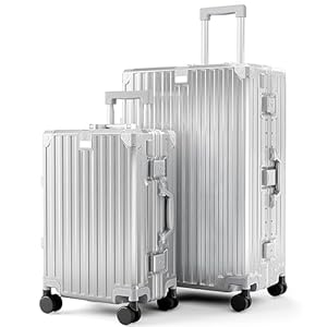 ALPHA CAMP Koffer Set M XL Hartschalenkoffer Set Groß mit Rollen Suitcase Set Polycarbonat Aluminium Rahmen Kofferset 2 Teilig TSA Schloss Handgepäck Luggage Set Reisekoffer Silber Rollkoffer Reisen