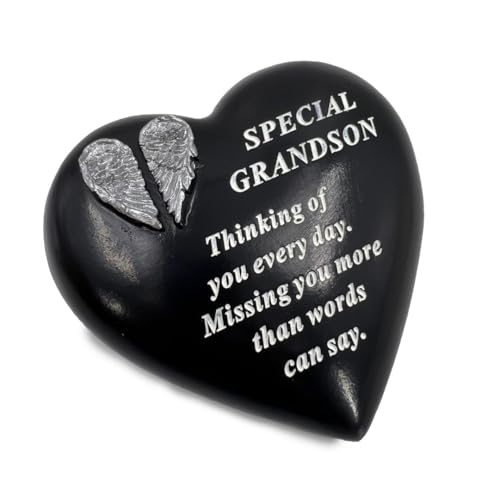 Special Grandson Angel Wings Memorial Black Heart Grave Plaque Graveside Ornament Decoration