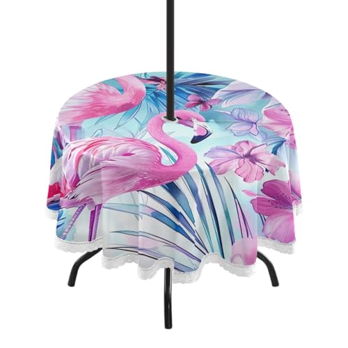 Wajiw 60 Inch Indoor Outdoor Round Tablecloth with Umbrella Hole and Zipper Waterproof Patio Table Cover for Camping Dining Room Party Outdoor Picnic,Flamingo