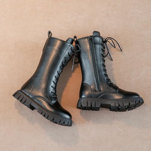 Girls Lace Up Mid Calf Combat Boots Fashion Round Toe Side Zipper Lug Sole Punk Goth Boot For Kid Birthday School Daily3
