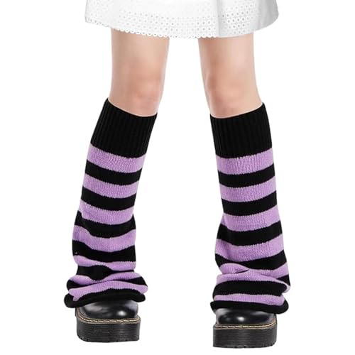 Image of Black and Purple Striped Leg Warmers for Women Girls,Y2K Leg Warmer Harajuku Fashion Knitted Leg Warmers Lolita Socks Kawaii 80s Party Accessories