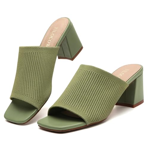 Image of Tilocow Knit Heeled Sandals for Women Square Open Toe Heeled Mules Chunky Block Low Heel Slip On Slides