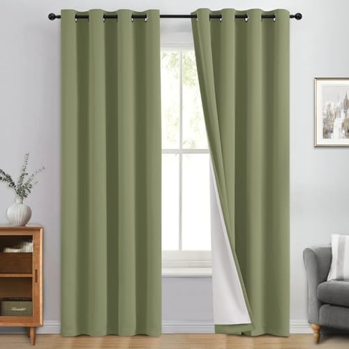 Image of Yakamok Sage Blackout Curtains 84 Inches Long for Bedroom 50 inch Wide 2 Panel | Blackout Curtain Panels for Bedroom, 2 Thick Layers Grommet Top Thermal Insulated Drapes with White Back for Living Room