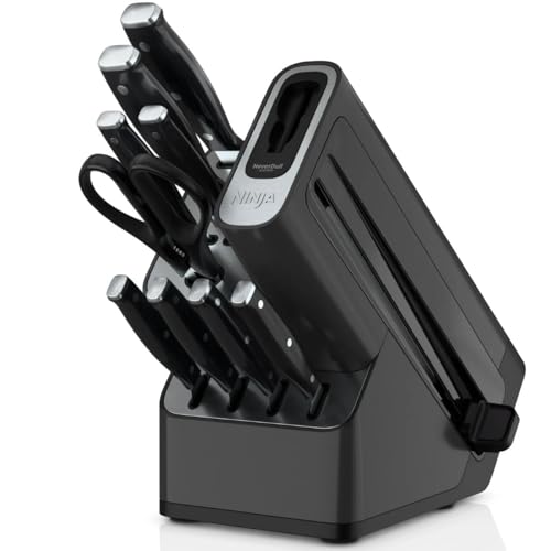 Ninja Foodi NeverDull Knife Set K12010, High Carbon Stainless Steel, Built-In Sharpener, Ergonomic Handle, Durable 10pc Kitchen Knife Block Set (Black)