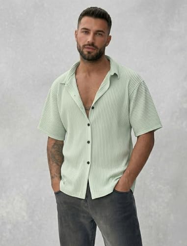 Image of MiraMichi Men's Regular Fit Long Shirt - Corduroy Fabric, Striped Pattern, Half Sleeves, Ideal for Casual