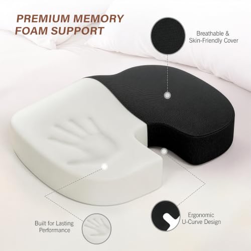 Image of Orthopaedic Memory Foam Coccyx Seat Cushion - (2 Year Warranty)-(18 inchx14 inchx3 inch) Tailbone & Sciatica Relief, Extra Support for Long Sitting,Non-Slip for Office /Home Chairs,Upto 100 kg - Mesh Black