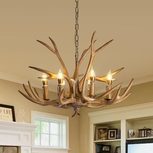 AroimRex Lustre Rustique Vintage 6 lumière Bois de cerf Style Ferme Faux Bois de cerf luminaire Suspendu pour Cabine Salon Chambre à Coucher Salle à Manger...
