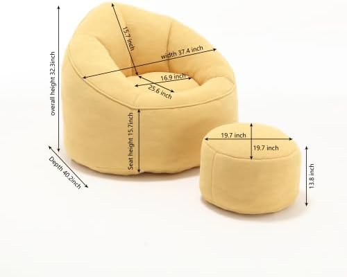 High Pressure Foam Bean Bag Sofa Chair – Compressed Bean Bag with Footrest, Microfiber Fabric, Adult Size, Lightweight & Comfortable, Yellow