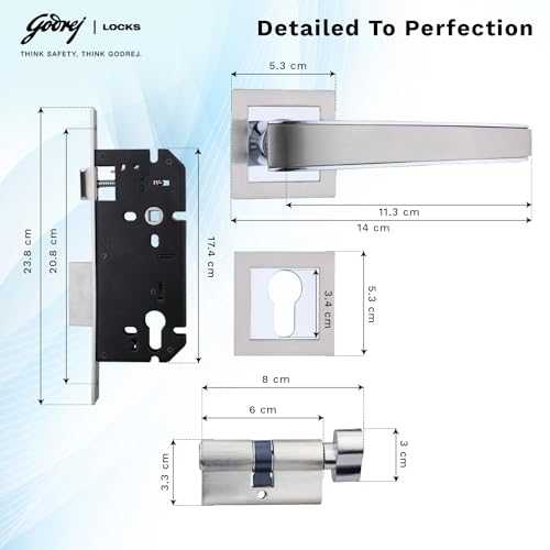 Image of Godrej Mortise Lock | Handle Lock Set for Main & Internal Doors | NEH 06 Home Decor Handle | Satin Steel Finish | 9 Inch Lockbody | 60mm 1CK Cylinder Knob from Inside Key Outside | 3 Keys