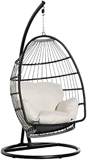 Outsunny Rattan Hanging Egg Chair with Folding Design, Weave PE Rope Swing Hammock with Cushion and Stand for Indoor Outdoor, Patio Garden Furniture, Black