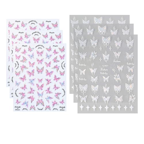 3 Pegatinas De Mariposa Rosa Y 3 Calcomanías De Mariposas Blancas, Pegatinas De Uñas De Tres Dimensiones, Pegatinas De Uñas En Relieve, Decoraciones De Uñas.