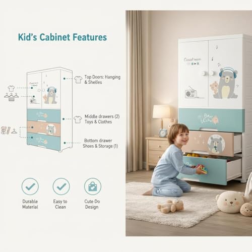 Image of 4- Door Plastic Wardrobe for Kids| Almirah and Wardrobe for Baby Clothes| Modular Storage Cabinet with Wheel Organizer for Cupboard Rack for Clothes /Shoes /Books /Toy (Funny Bear-SJ6514)
