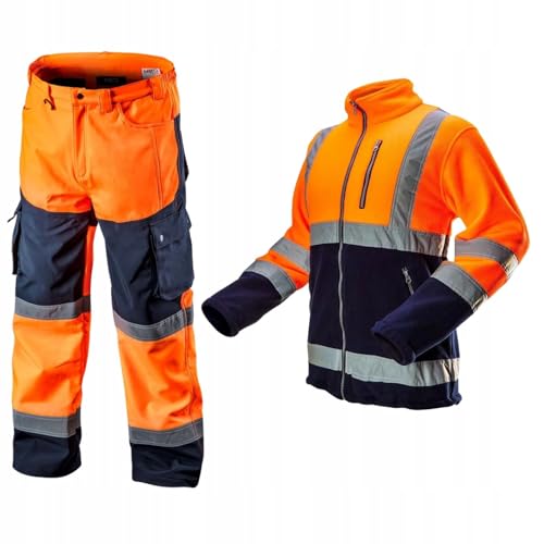 NEO TOOLS Herren Set Warnschutz-Arbeitshose + Arbeits Fleece Jacke | Hose wasserfest (Wassersäule 8000 mm) Hose aus Softshell mit Fleece-Innenfutter, Orange/Gelb, S-2XL