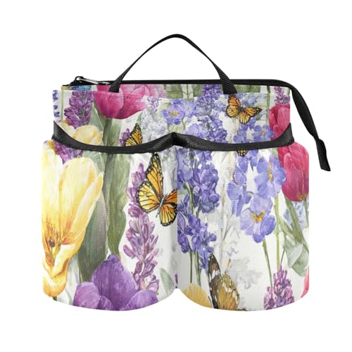 Image of Luggage Cup Holder for Suitcases Free Hands Suitcase Cup Holder Travel Luggage Drink Holder Portable Luggage Cup Caddy Bag Carrier with Handle Tulips Lavenders Purple Butterfly